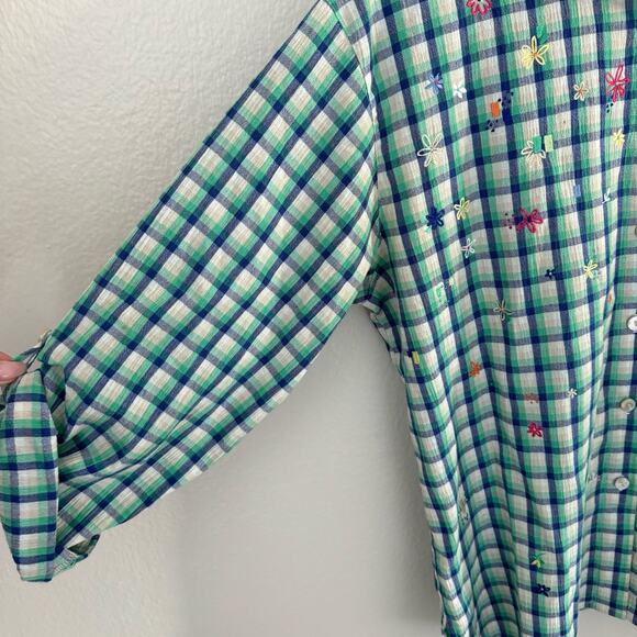 Vintage Koret Francisca Womens Green Plaid Shirt Embroidered Floral Size Medium - Picture 3 of 12
